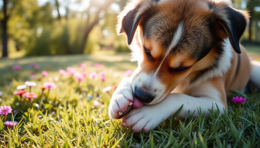 dog licking paws