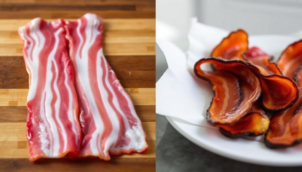 raw bacon and cooked bacon